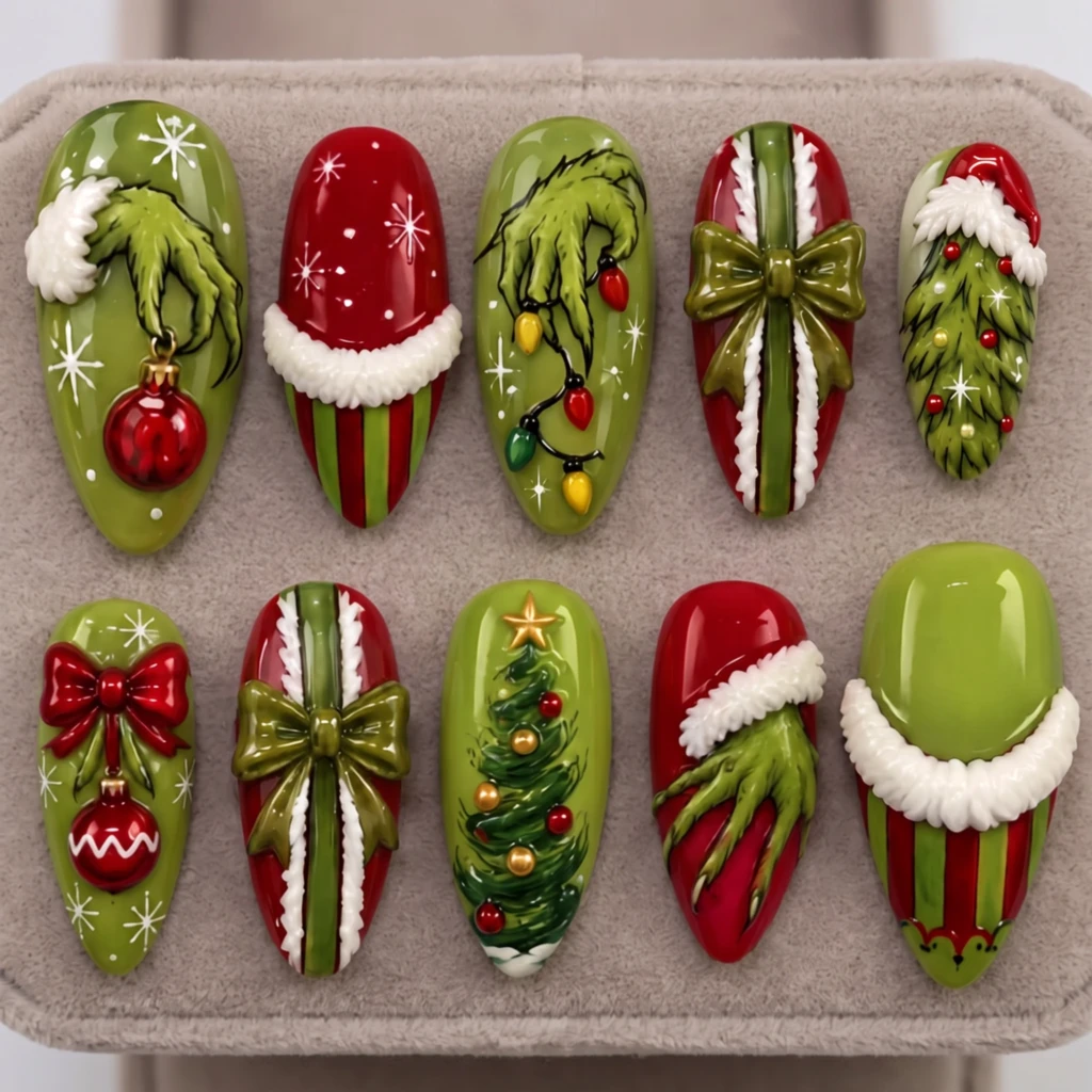 Green And Red Christmas Bow Tree Art, Press On Nails, Holiday Party Gift
