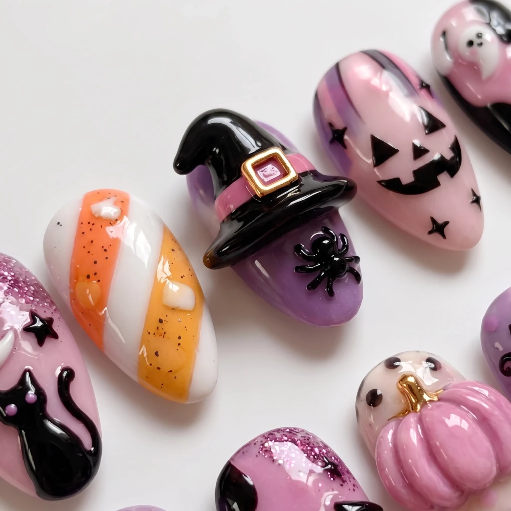 Pink And Purple 3D Trick Or Treat, Press On Nails, Halloween Costume Party