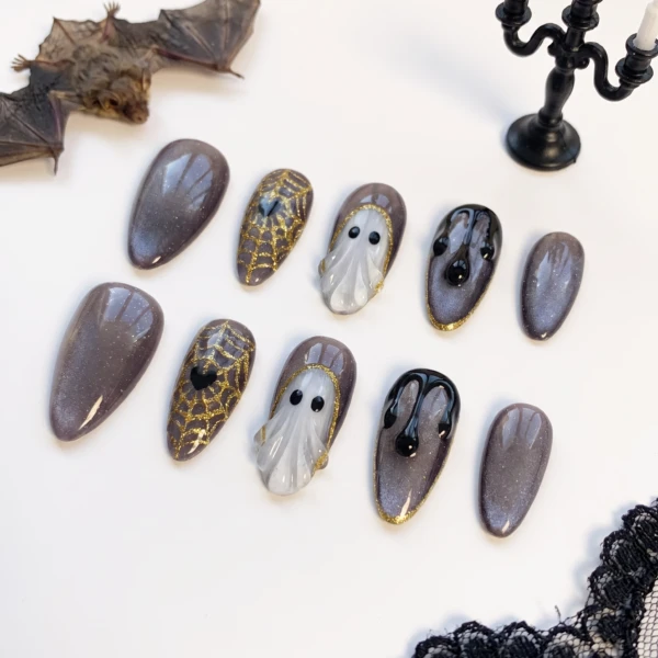Grey Ghost And Spiderweb, Gothic Cat Eye Press On Nails, Halloween Gift