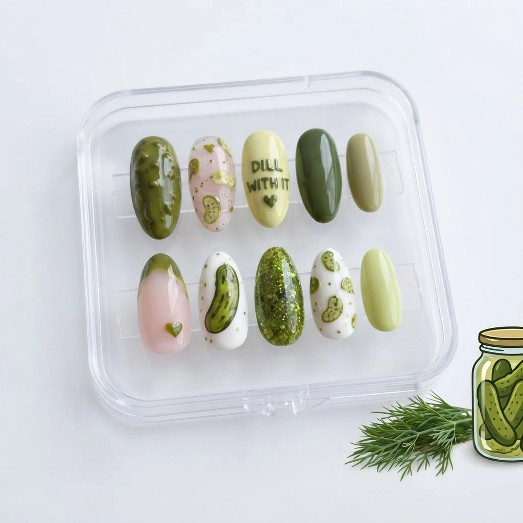 Green Pickle Food Art, Handmade Press On Nails, Cute Funny Everyday Wear