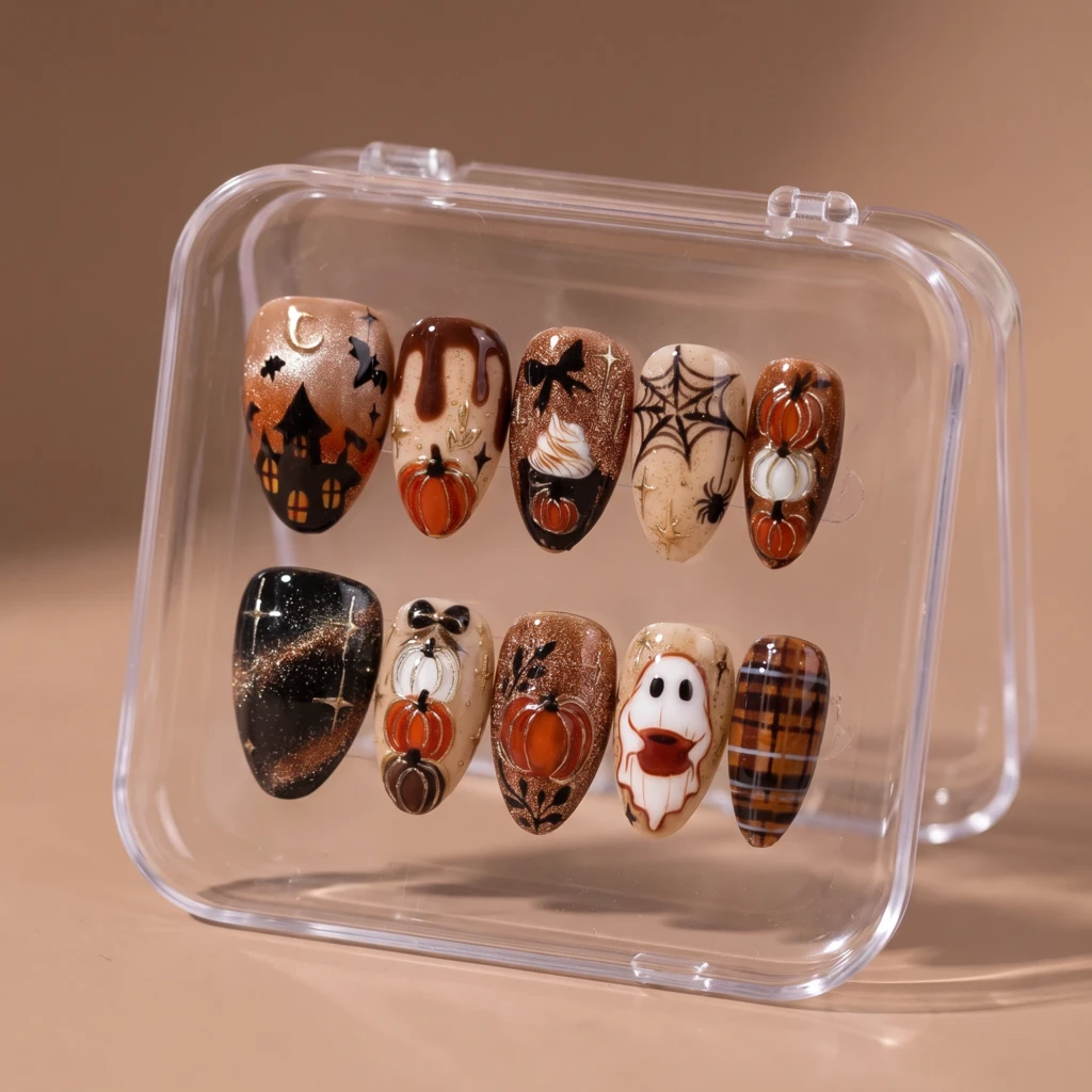 Brown Haunted House And Ghost, Glossy Press On Nails, For Halloween Manicure
