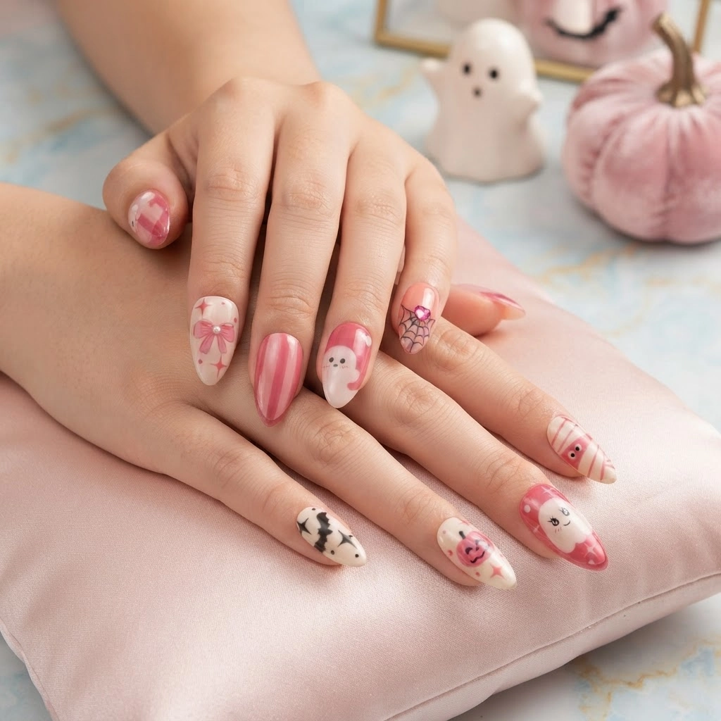 Pink Bow Ghost Pumpkin Bat French Tip Design, Press On Nails, Halloween Look