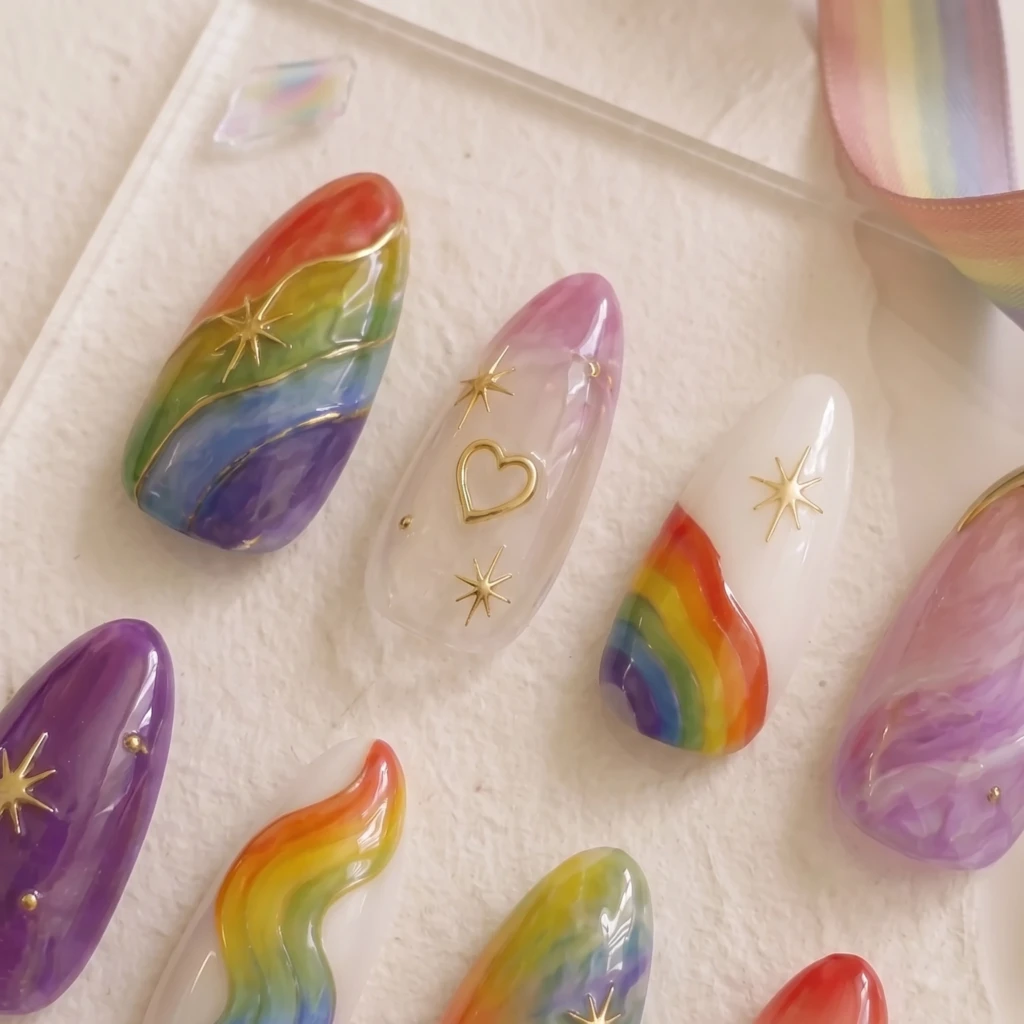 Rainbow Celestial Star Moon, Press On Nails Set, Pride Month Celebration