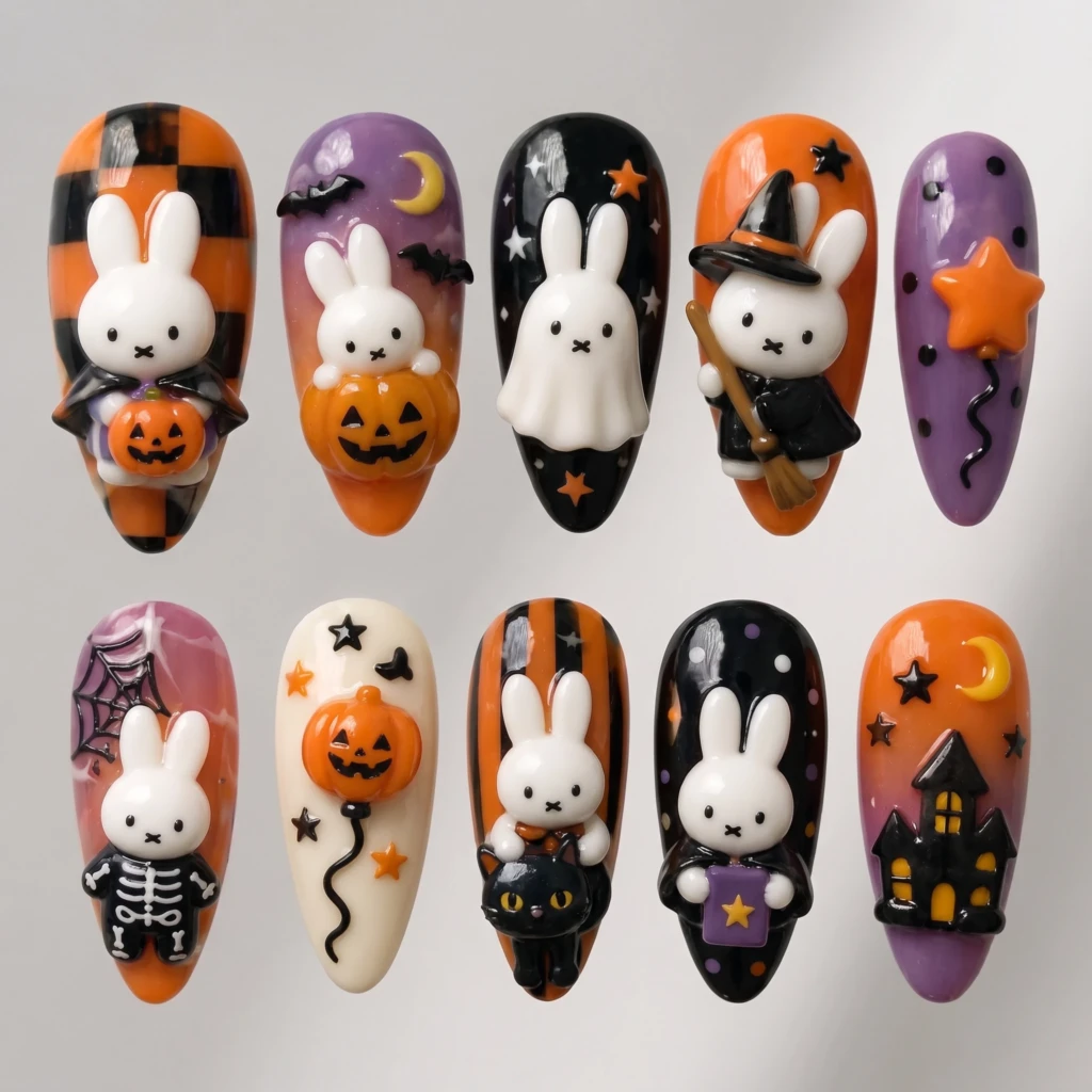 Orange Black Cute Bunny Witch, Almond Press On Nails, Halloween Party Wear