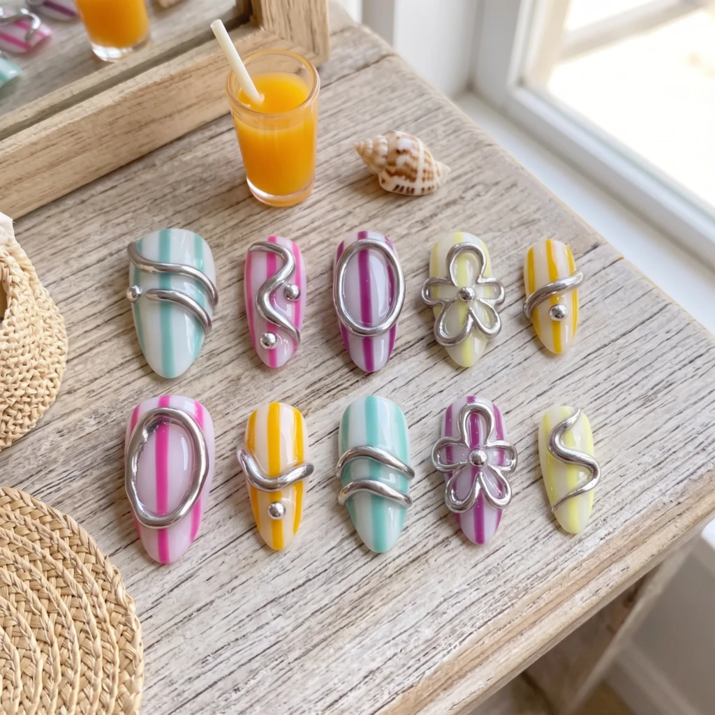 Rainbow Candy Stripe 3D Chrome Nails, Press On Nails, Summer Holiday Gift