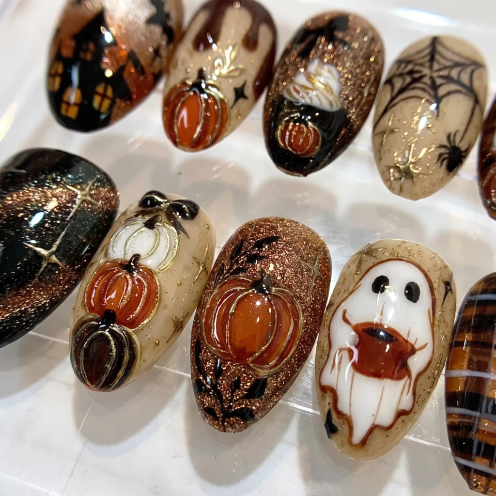Brown Haunted House And Ghost, Glossy Press On Nails, For Halloween Manicure