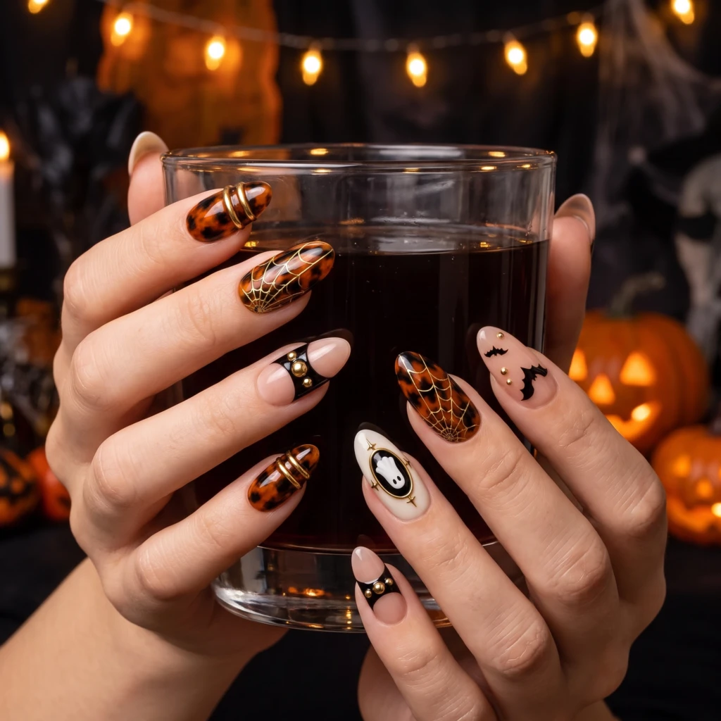 Tortoiseshell Ghost And Spiderweb, Almond Press On Nails, Halloween Party