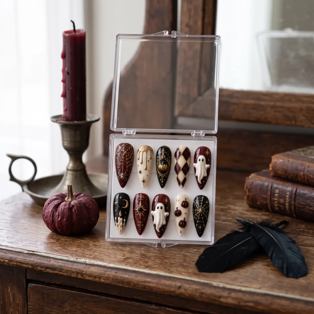 Burgundy Ghost And Pumpkin Design, Gothic Press On Nails, Halloween Party Wear