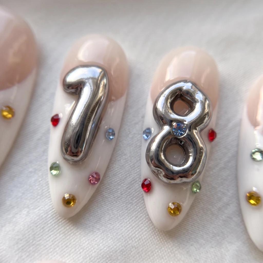 White French 3D Silver Number Gems, Glamorous Press On Nails, Birthday Present