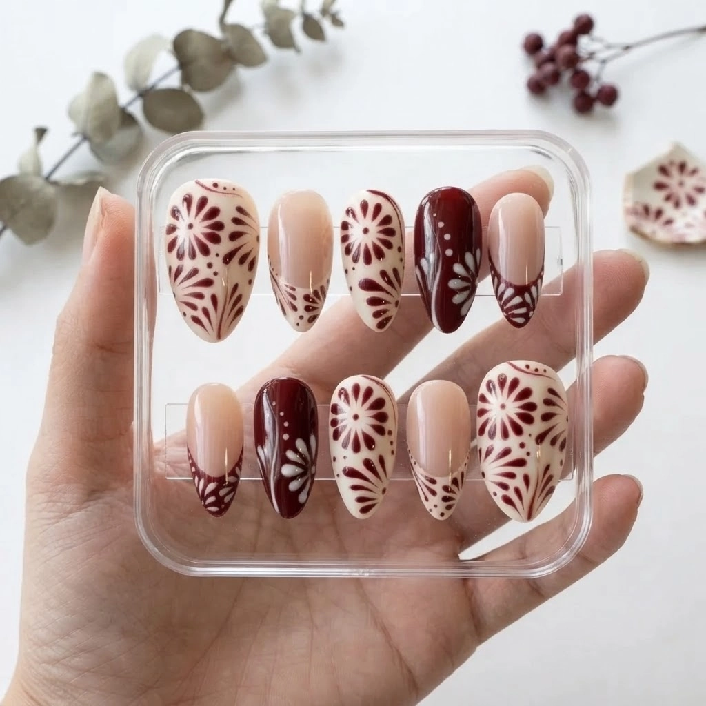 Maroon Boho Floral Art, Handmade Press On Nails Set, Everyday & Event Wear