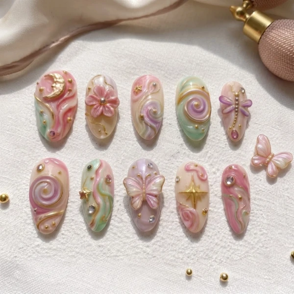 Pastel Pink Celestial Butterfly Art, Press-On Nails, Everyday Party Wear