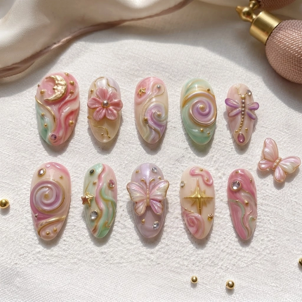 Pastel Pink Celestial Butterfly Art, Press-On Nails, Everyday Party Wear
