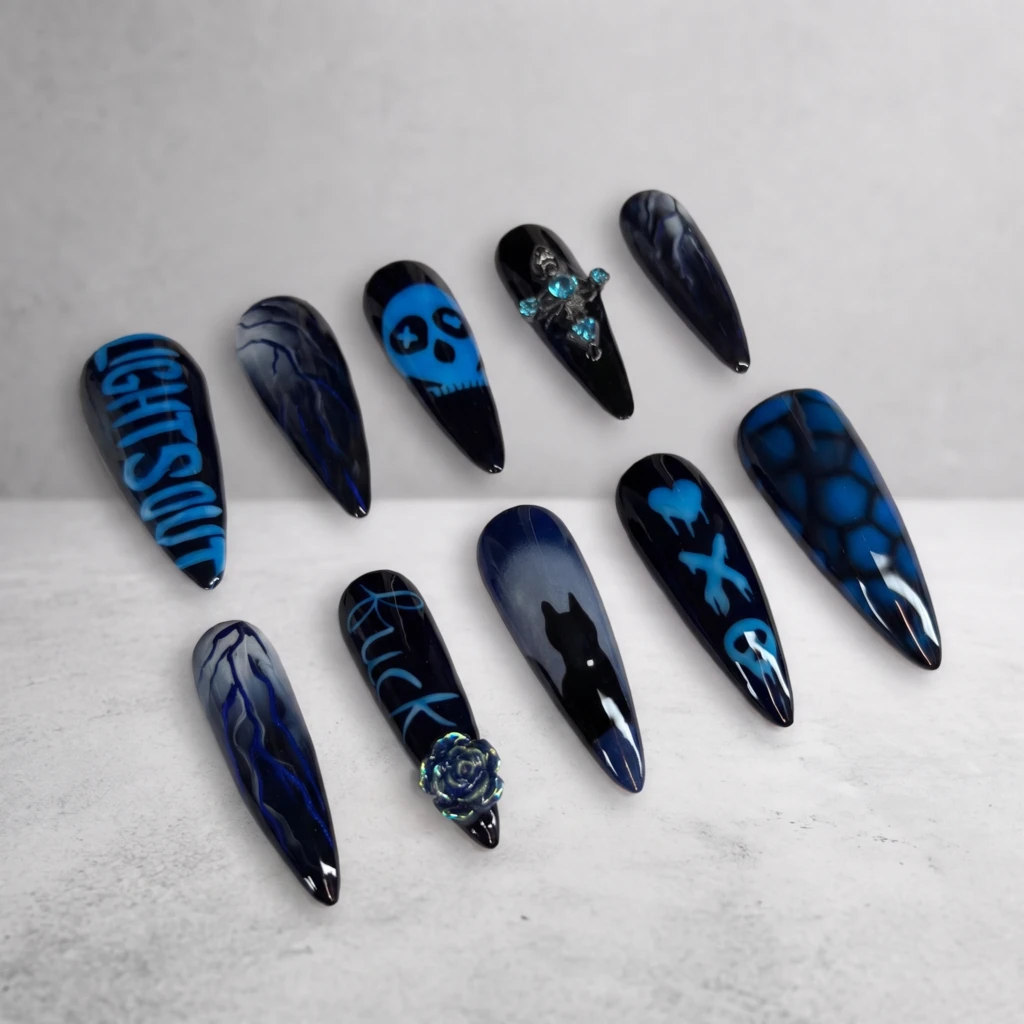 Black And Blue Gothic Rose Lightning Bolt, Press On Nails, For Party Wear