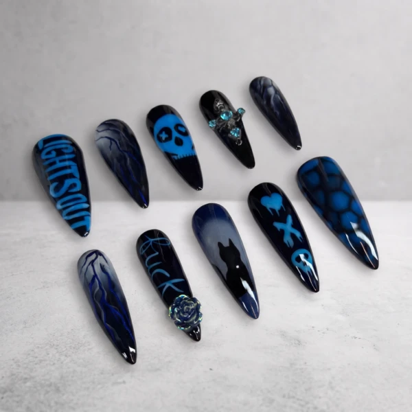 Black And Blue Gothic Rose Lightning Bolt, Press On Nails, For Party Wear
