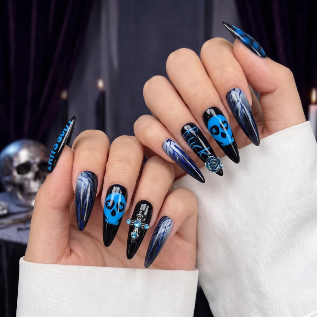 Black And Blue Gothic Rose Lightning Bolt, Press On Nails, For Party Wear