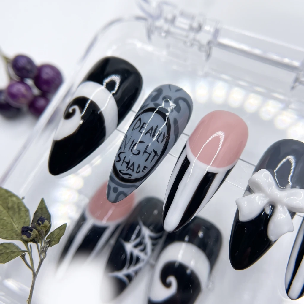 Black And White Deadly Nightshade Art, Long Stiletto Nails, Halloween Cosplay