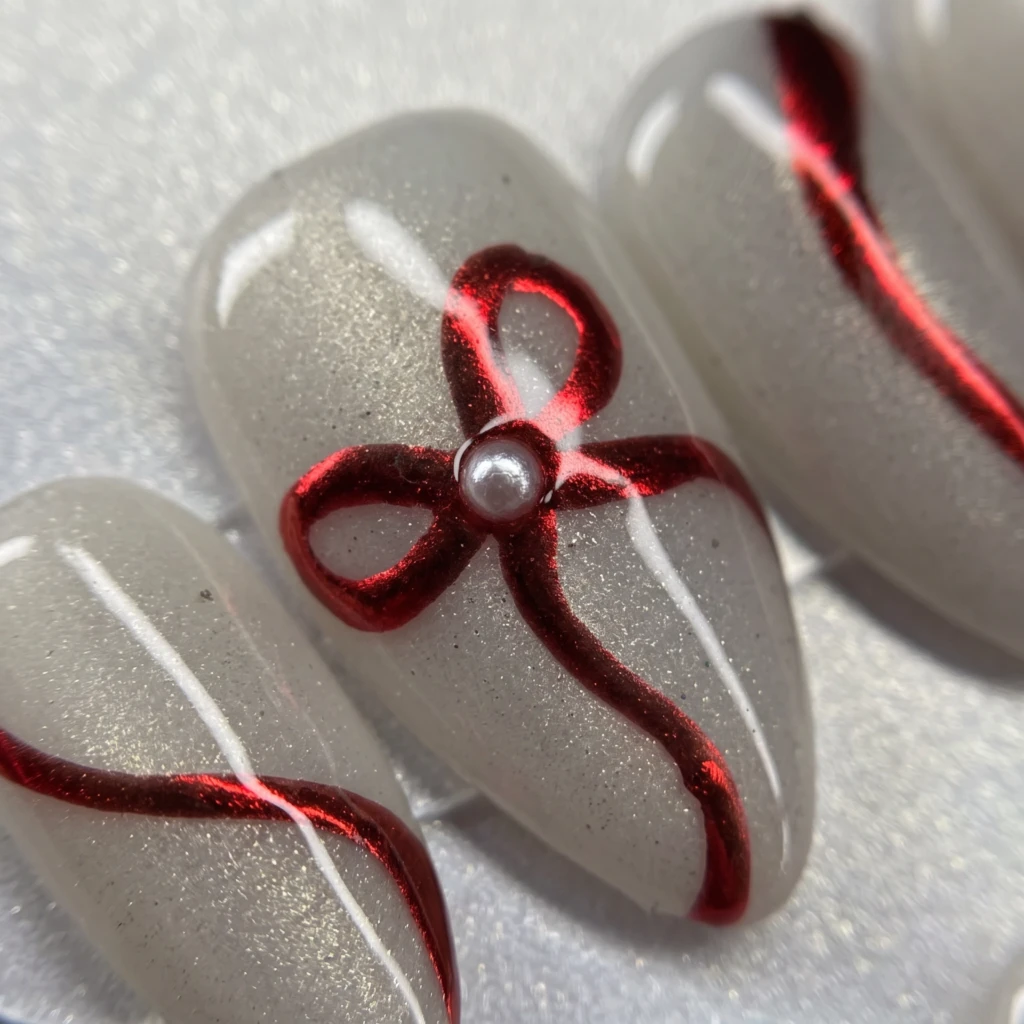 White Chrome Metallic Red Bows, Almond Press On Nails, Elegant Holiday Gift