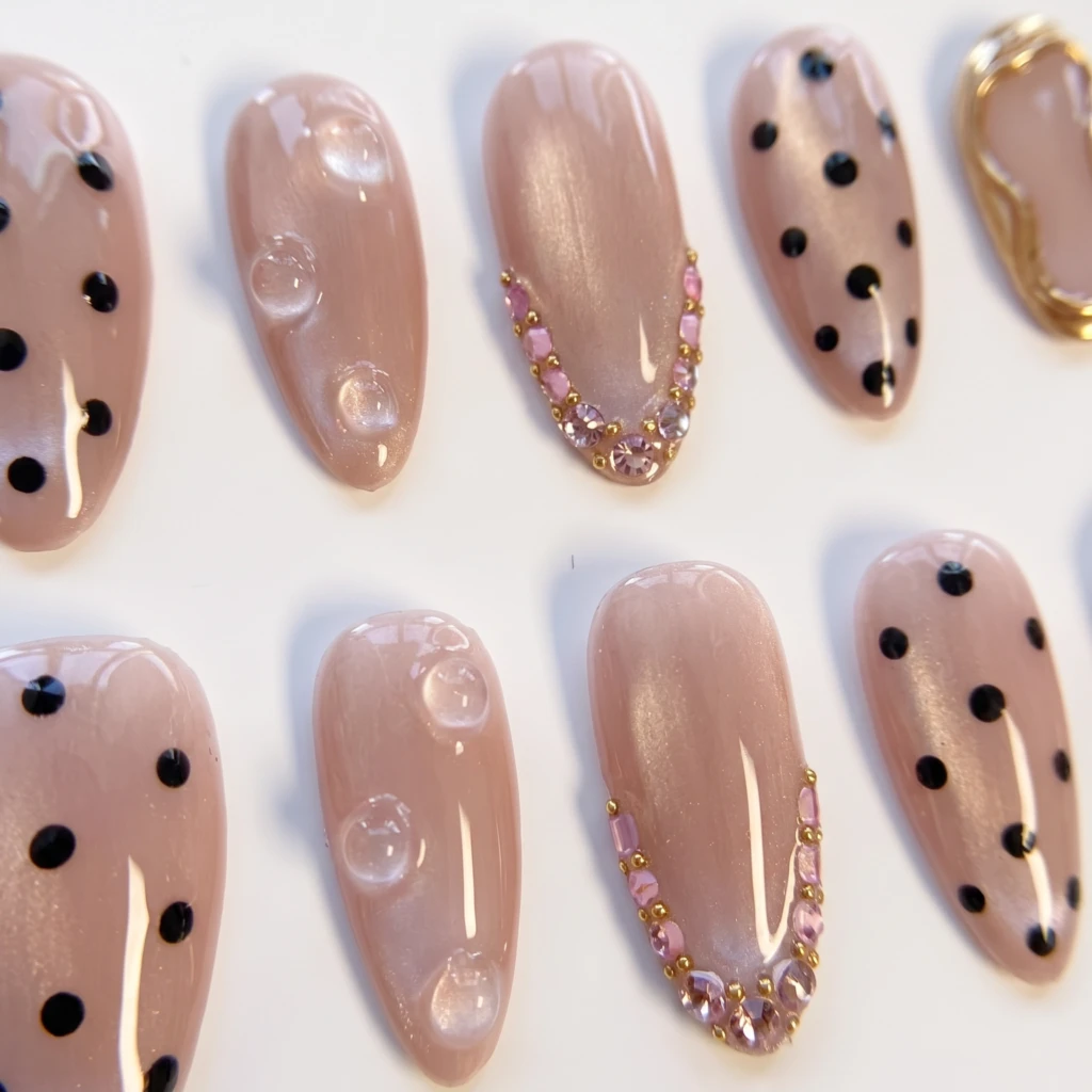 Pink Polka Dot And Gold Chrome, Almond Press On Nails, Elegant Daily Wear