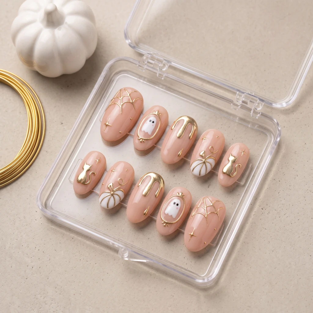 Pink Chrome Ghost Pumpkin Spider Web, Press On Nails, Spooky Halloween Party