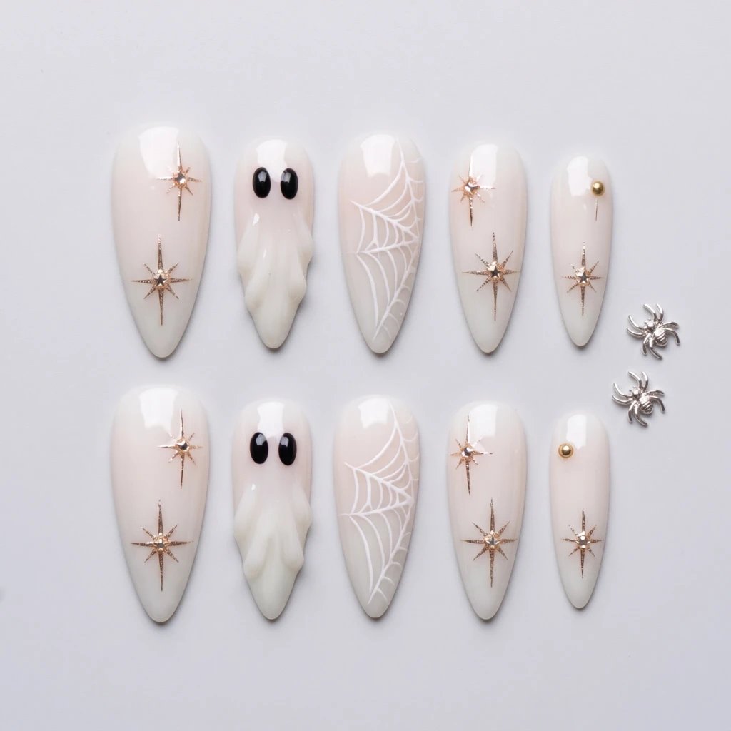 White Ghost And Spider Web Art, Press On Nails, Halloween Party Manicure