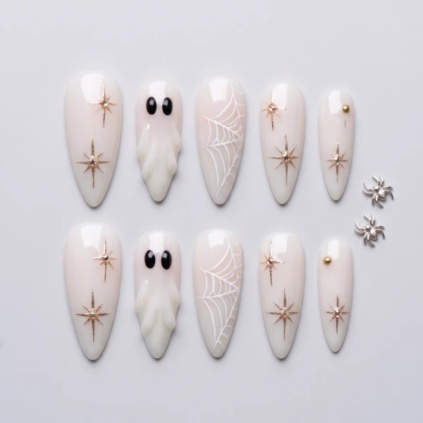 White Ghost And Spider Web Art, Press On Nails, Halloween Party Manicure