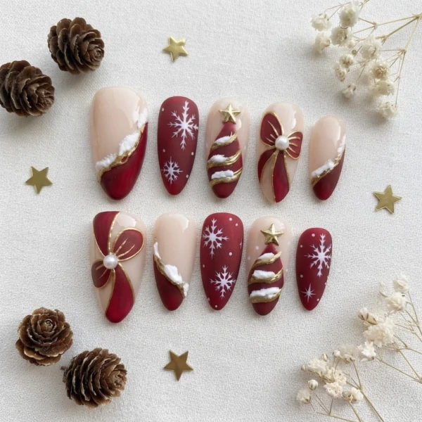Red Christmas Tree Bow, Handmade Press On Nails, Festive Holiday Party Gift