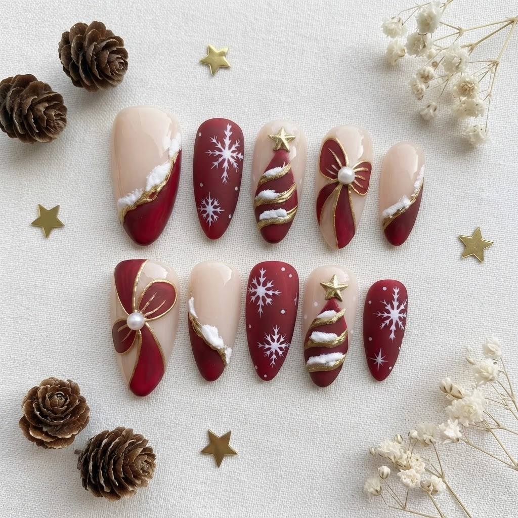 Red Christmas Tree Bow, Handmade Press On Nails, Festive Holiday Party Gift
