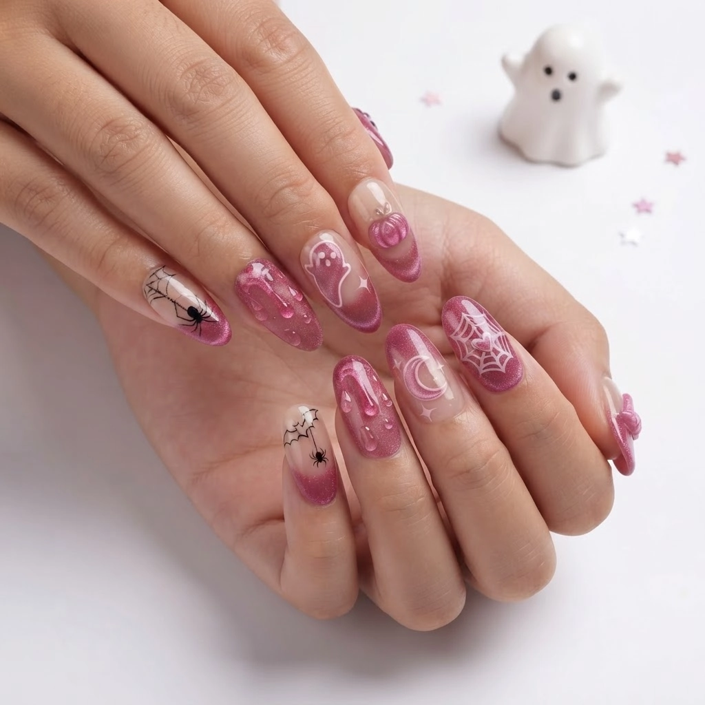 Pink Ghost And Spider Web Nail Art, Press On Nails, Halloween Gift For Her