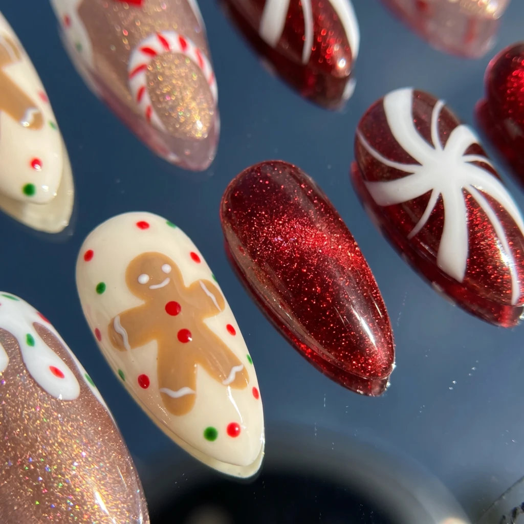 Red Glitter Gingerbread Men And Candy Cane, Almond Press On Nails, Holiday Gift