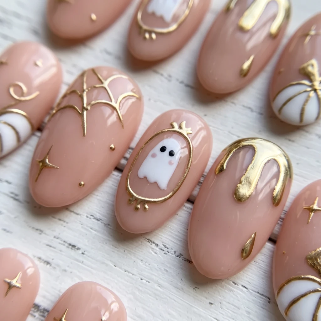 Pink Chrome Ghost Pumpkin Spider Web, Press On Nails, Spooky Halloween Party