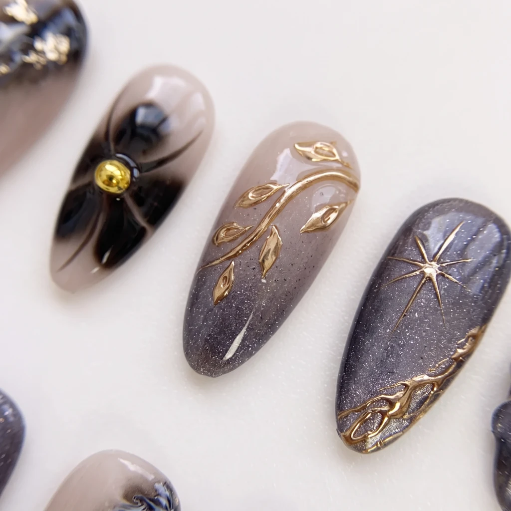 Black Aura Cat Eye Gold Star Nails, Short Almond Nails, Holiday Party Wear