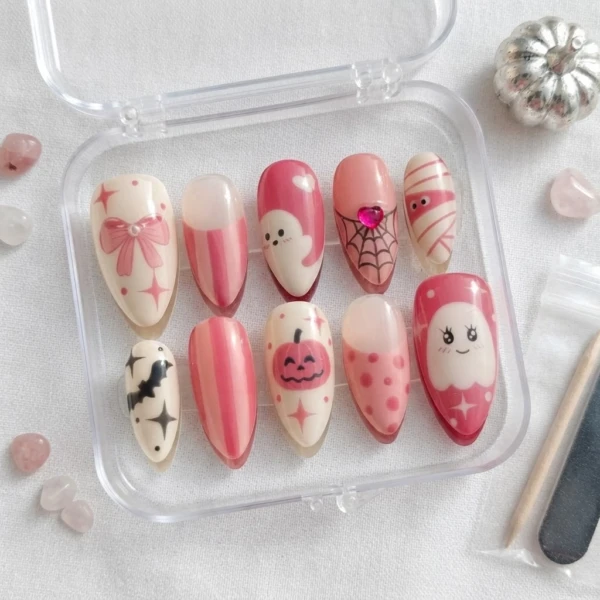 Pink Bow Ghost Pumpkin Bat French Tip Design, Press On Nails, Halloween Look