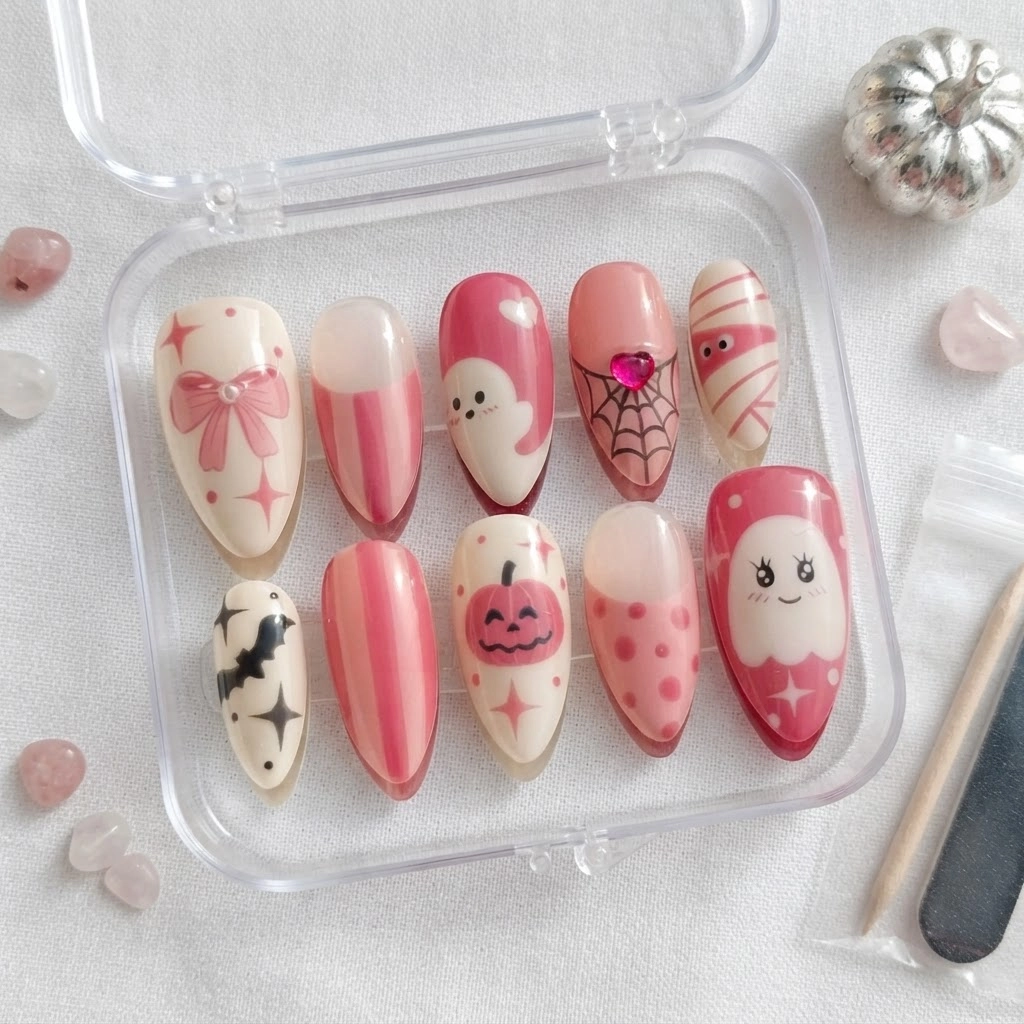 Pink Bow Ghost Pumpkin Bat French Tip Design, Press On Nails, Halloween Look
