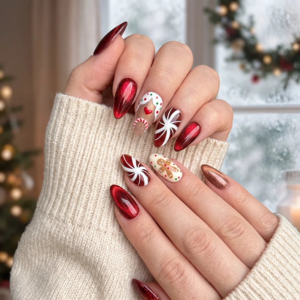 Red Glitter Gingerbread Men And Candy Cane, Almond Press On Nails, Holiday Gift
