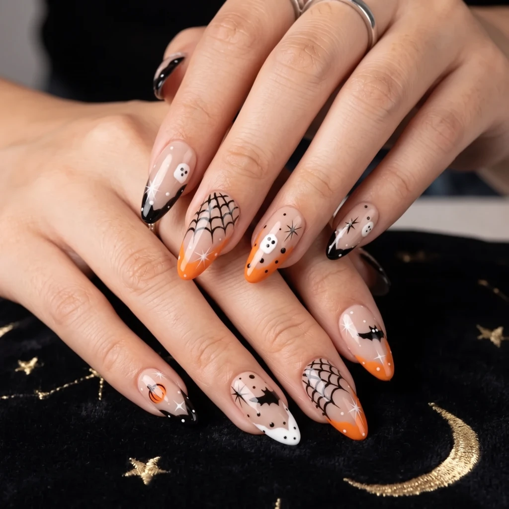 Orange Nude Ghost Pumpkin Art, Almond Press On Nails, Spooky Halloween Party