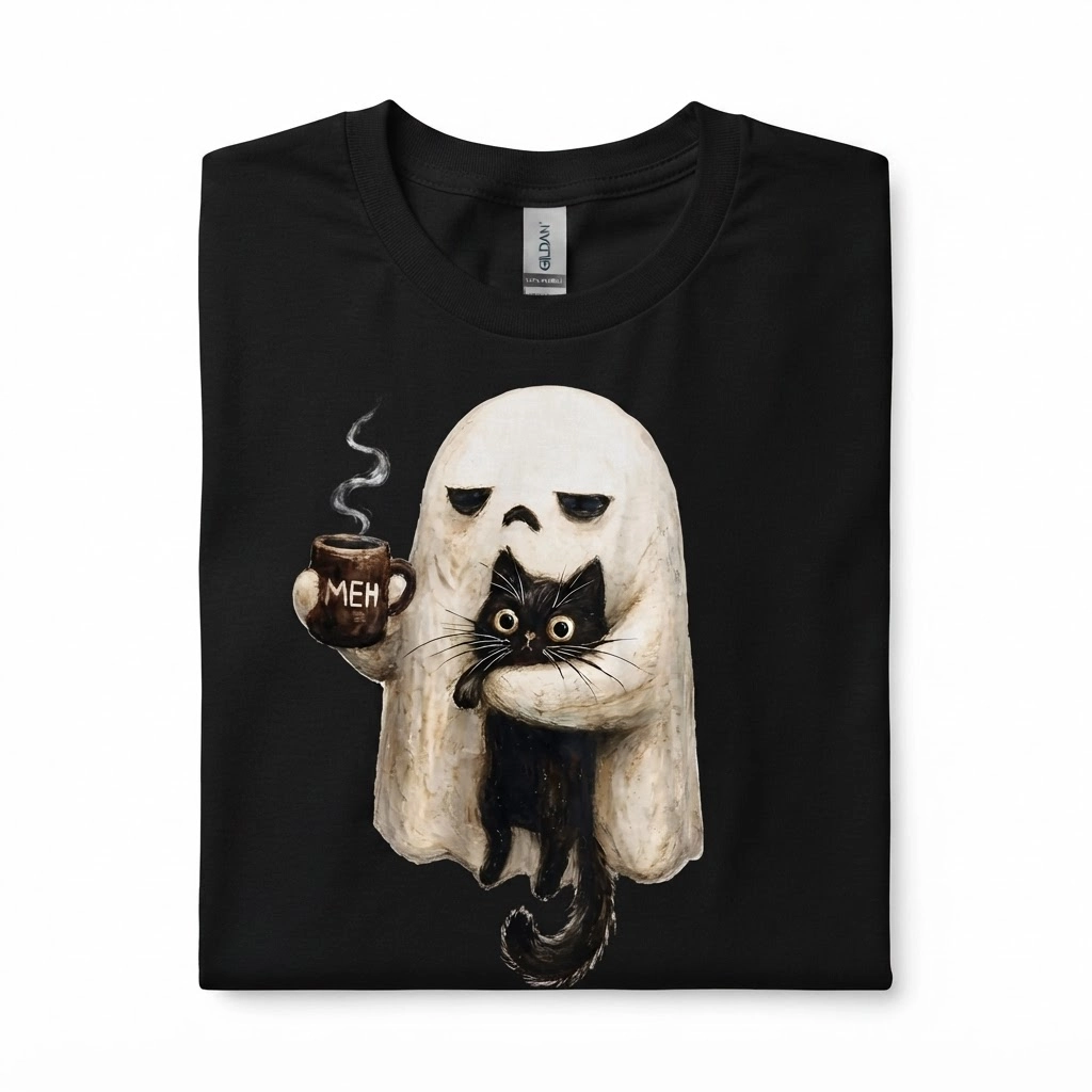 Ghost Cat Meh Coffee Mug Graphic Print, Unisex T-Shirt, Funny Halloween Gift