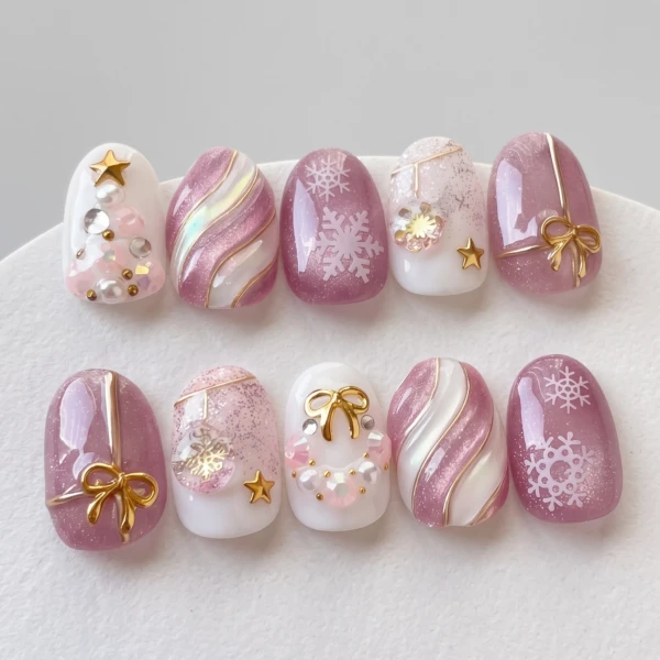 Pink And White Snowflake Bow, Almond Press On Nails, Christmas Gift For Her