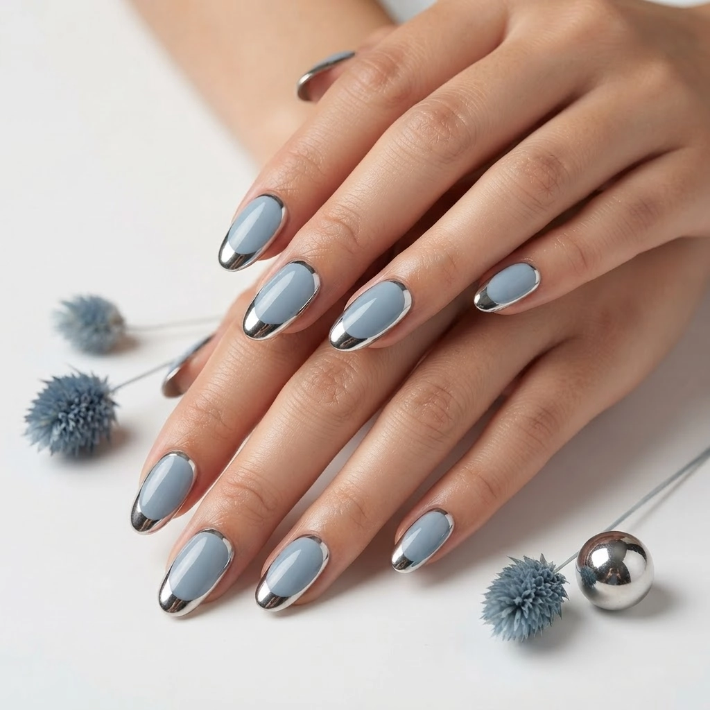 Dusty Blue Silver Chrome French Tip, Almond Press On Nails, Special Occasions