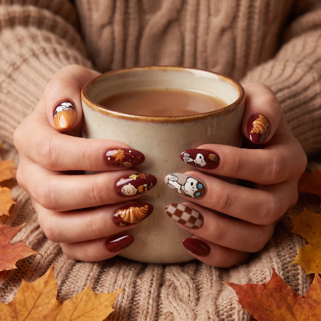 Burgundy Snoopy Thanksgiving Art, Almond Press On Nails, Holiday Manicure