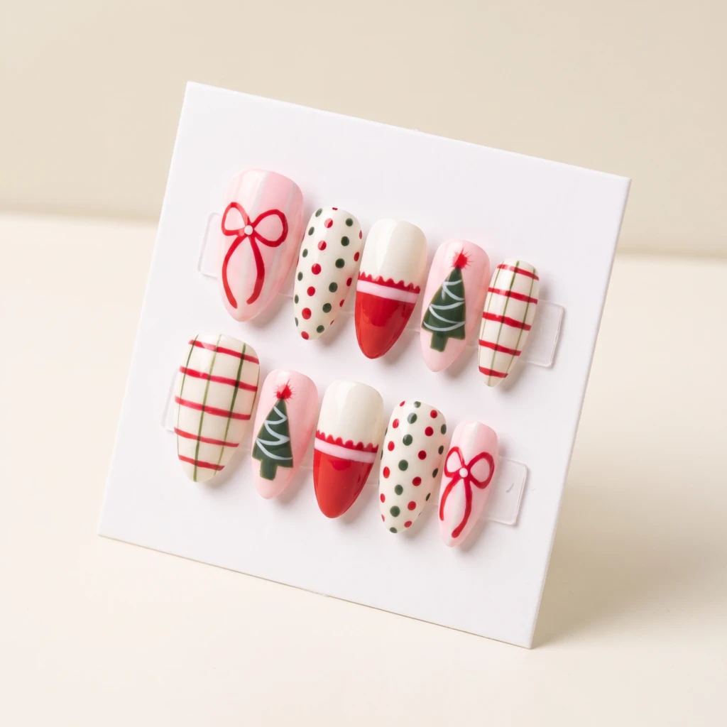 Pink And Red Holiday Tree Nails, Short Almond, Christmas Party Manicure
