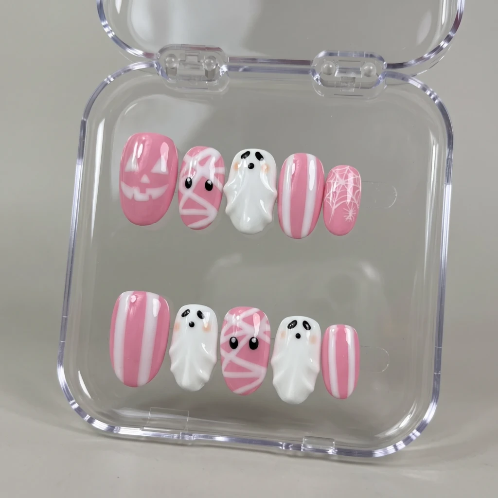 Pink Ghost And Mummy Pattern, Handmade Press On Nails, Spooky Halloween Gift