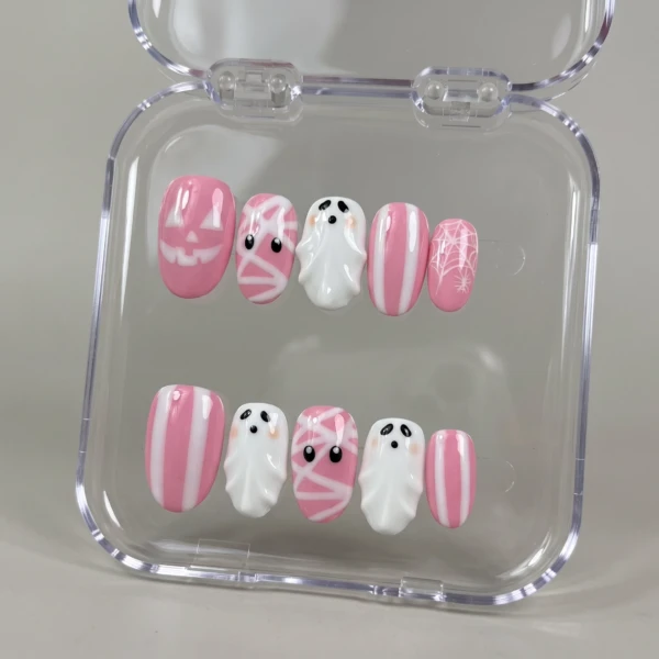 Pink Ghost And Mummy Pattern, Handmade Press On Nails, Spooky Halloween Gift