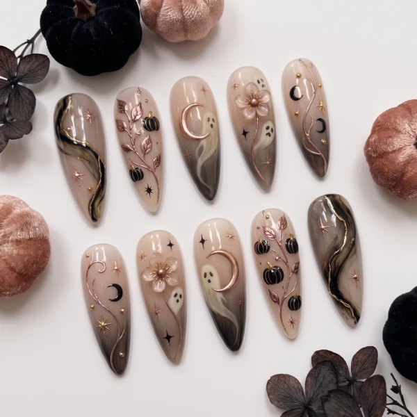 Rose Gold And Black Ghost Pumpkin, Press On Nails, Halloween Party Wear
