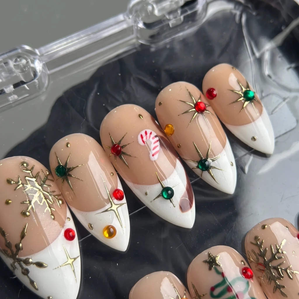 Nude White Candy Cane And Tree Art, French Press On Nails, Christmas Party