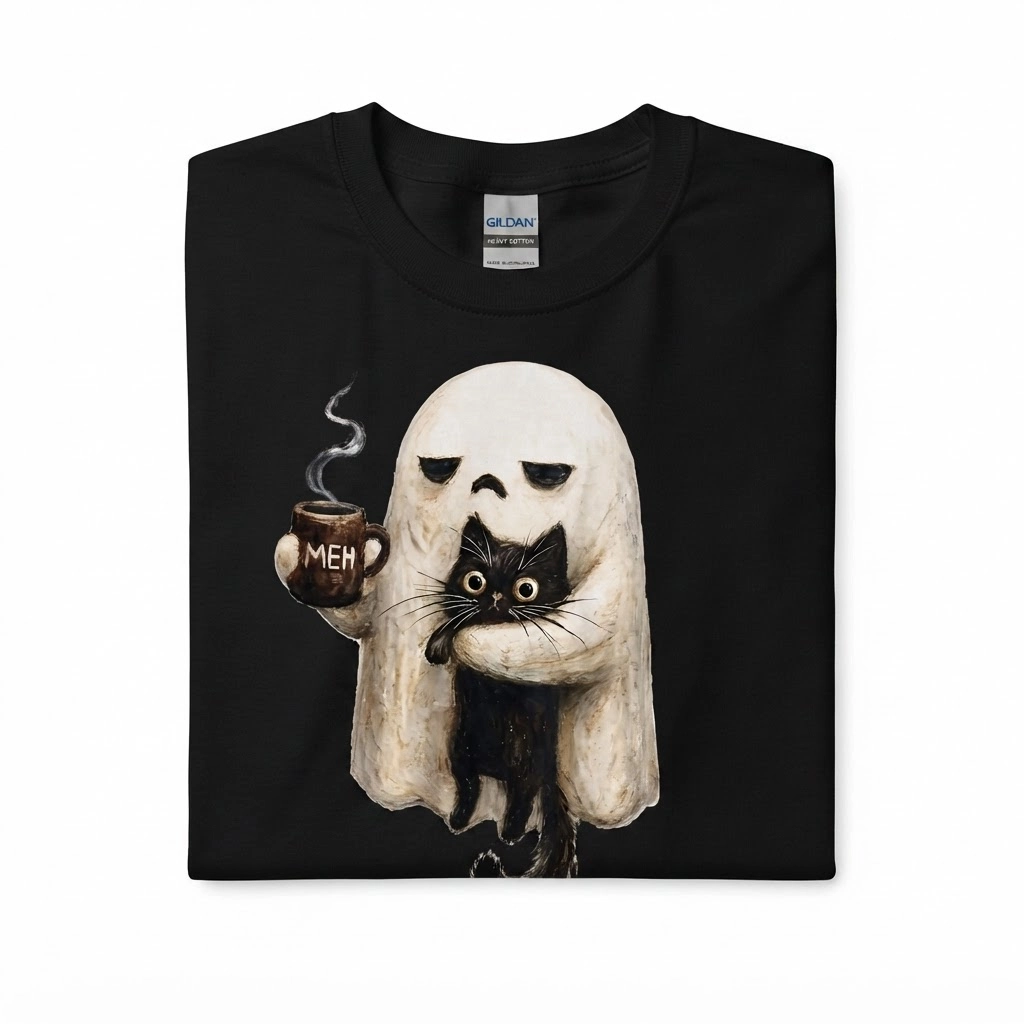 Ghost Cat Meh Coffee Mug Graphic Print, Unisex T-Shirt, Funny Halloween Gift