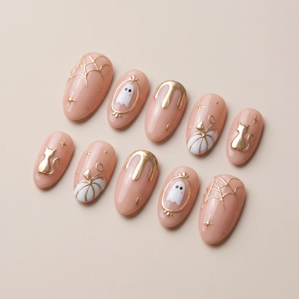 Pink Chrome Ghost Pumpkin Spider Web, Press On Nails, Spooky Halloween Party