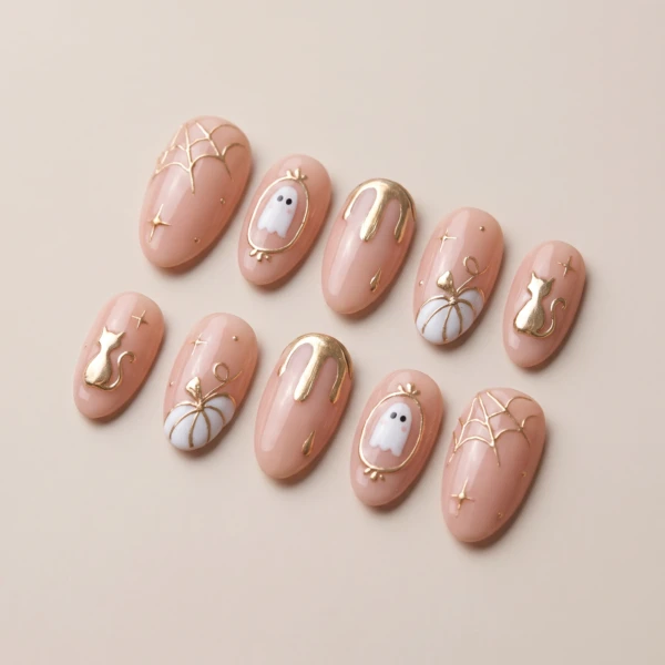 Pink Chrome Ghost Pumpkin Spider Web, Press On Nails, Spooky Halloween Party