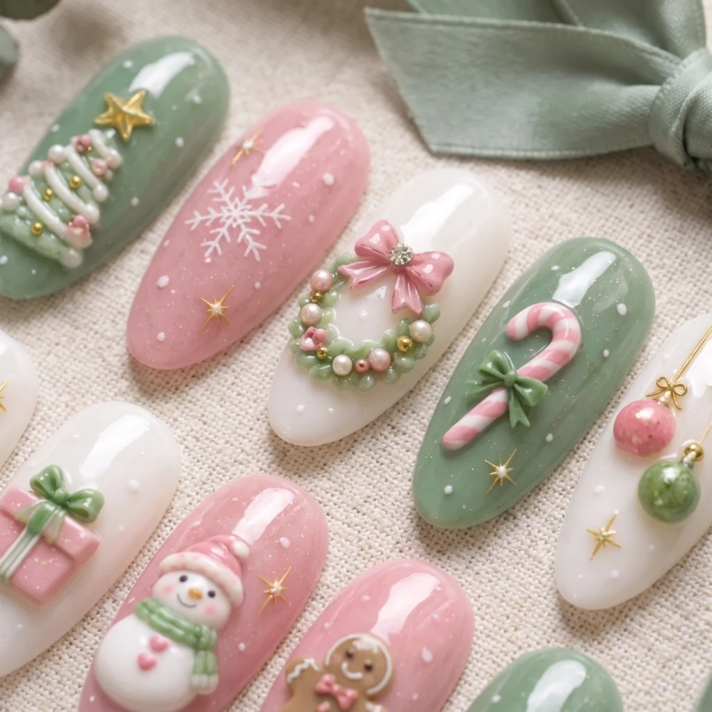 Pastel Pink Green 3D Christmas Art, Almond Press On Nails, Holiday Party Gift