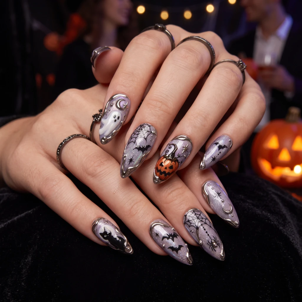 Purple Celestial Chrome Ghost Pumpkin, Stiletto Press On Nails, Halloween Party