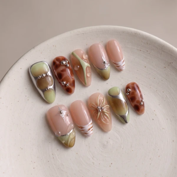 Olive Green Tortoiseshell Floral, Press On Nails, Special Occasion Wear